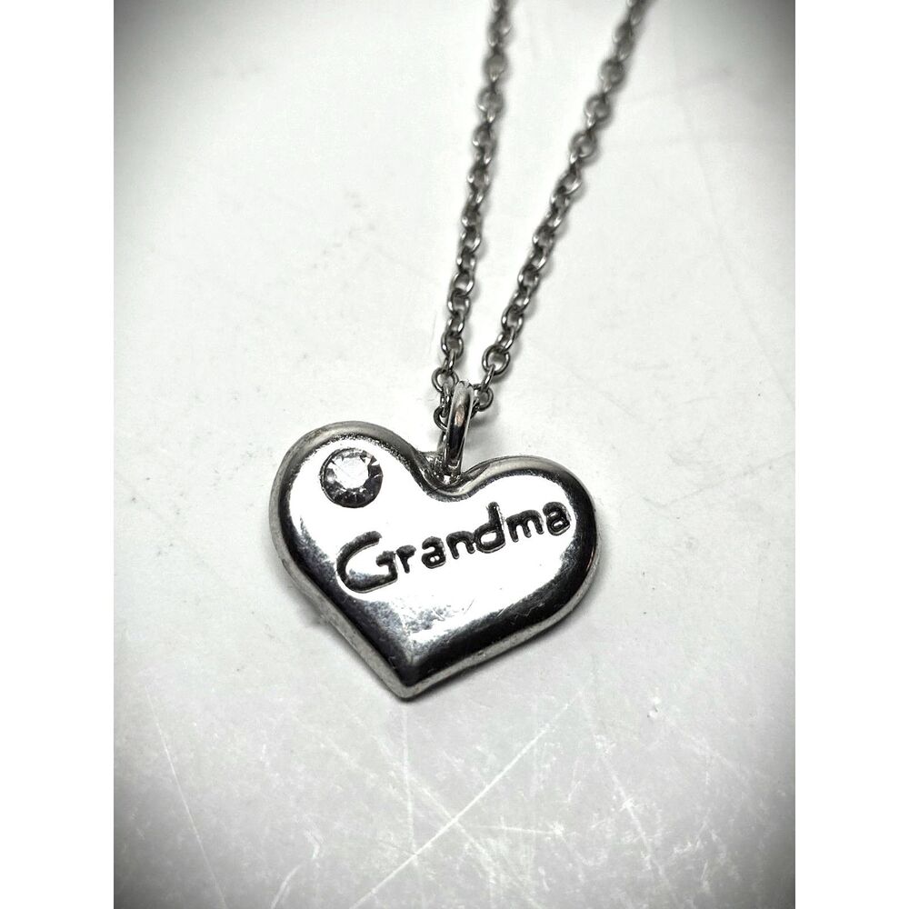Grandma Heart Pendant Chain Necklace  Rhinestone Silver Tone 26" Relative